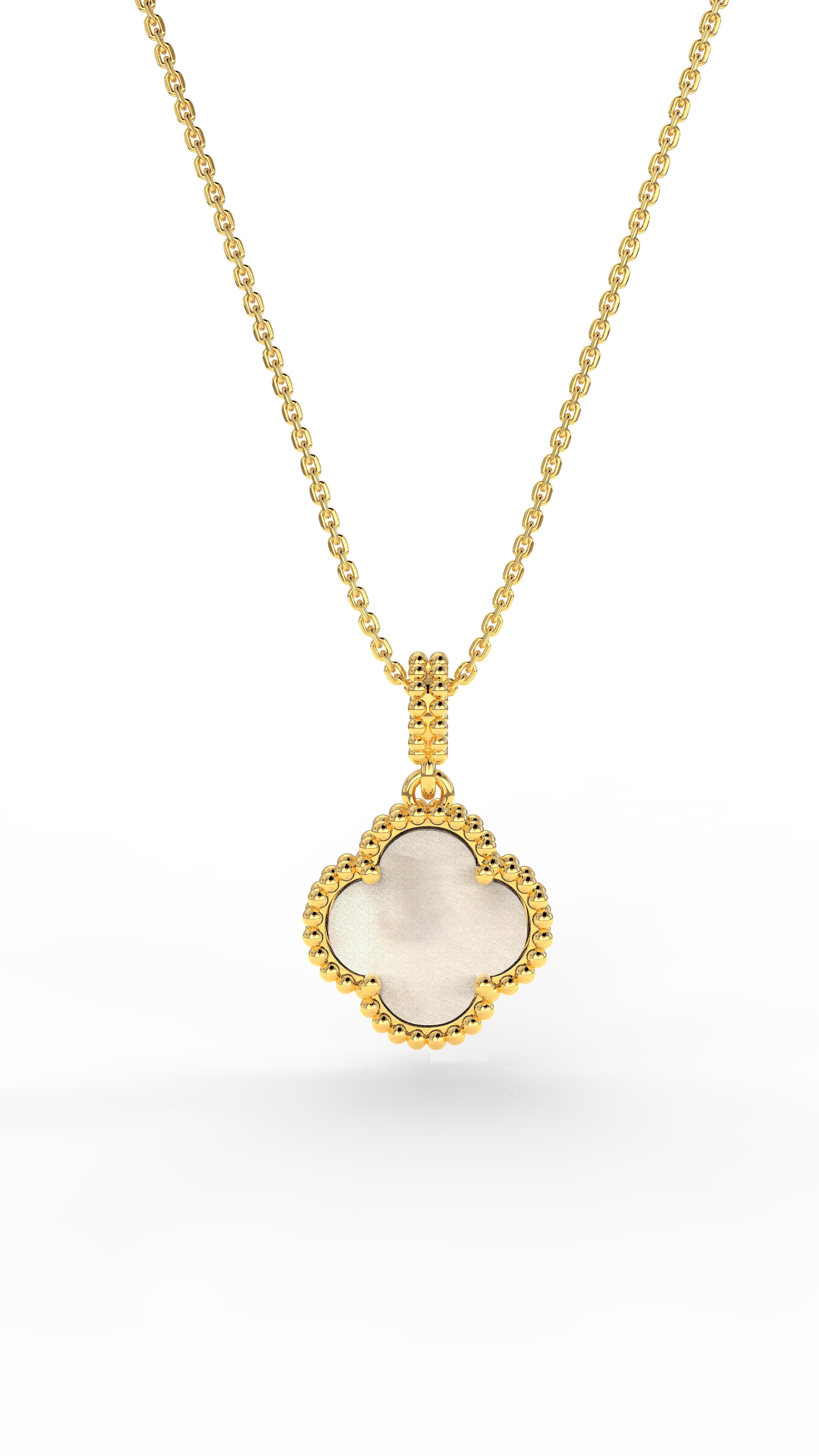 925 Sterling Silver Gold Van Cleef Clover Necklace with White Mother of Pearl Stone