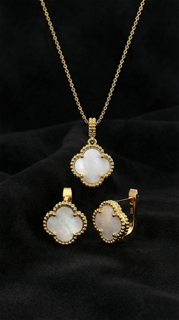 Ensemble collier et boucles d'oreilles trèfle en nacre blanche et or | Argent 925