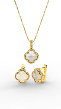 925 Sterling Silver Gold Plated White Mother of Pearl Clover Necklace and Earrings 2-Piece Set