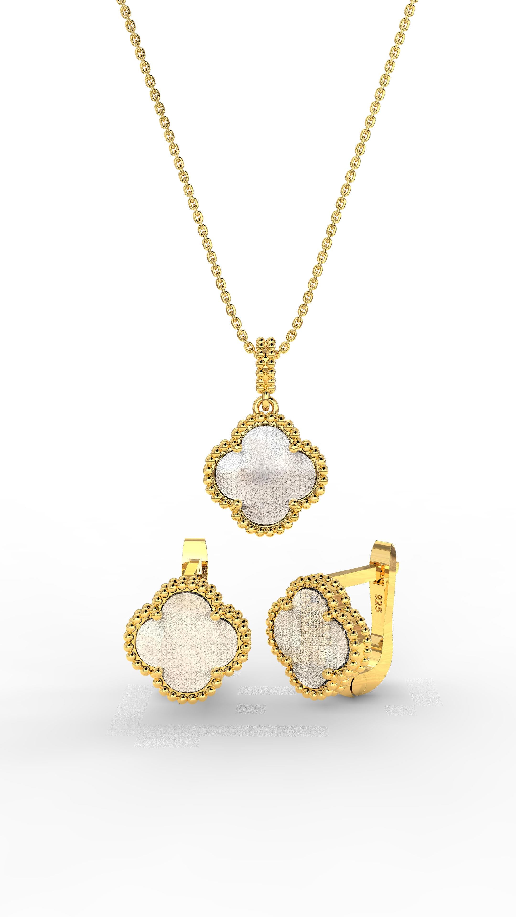 925 Sterling Silver Gold Plated White Mother of Pearl Clover Necklace and Earrings 2-Piece Set