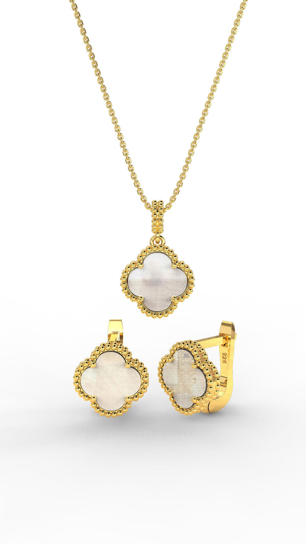 925 Sterling Silver Gold Plated White Mother of Pearl Clover Necklace and Earrings 2-Piece Set