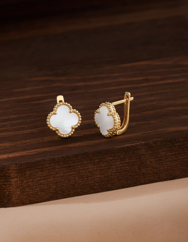 White Mother of Pearl Clover Earrings Gold Plated Silver