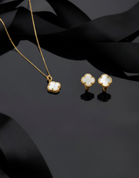 925 Sterling Silver Gold Clover Necklace and Earrings Set with White Mother of Pearl