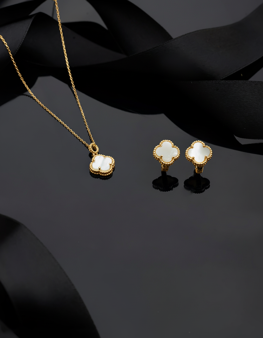 925 Sterling Silver Gold Clover Necklace and Earrings Set with White Mother of Pearl
