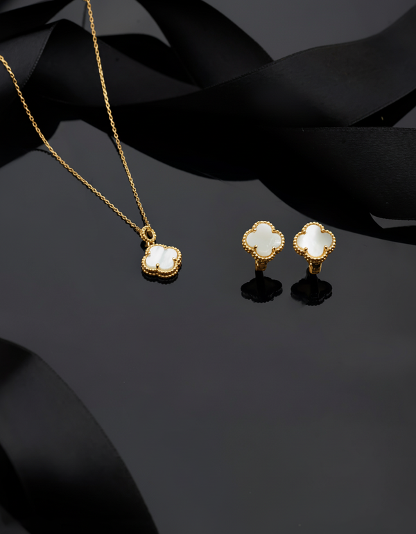 925 Sterling Silver Gold Clover Necklace and Earrings Set with White Mother of Pearl