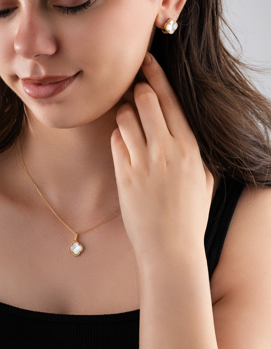 White Mother of Pearl Clover Set Gold Plated Silver