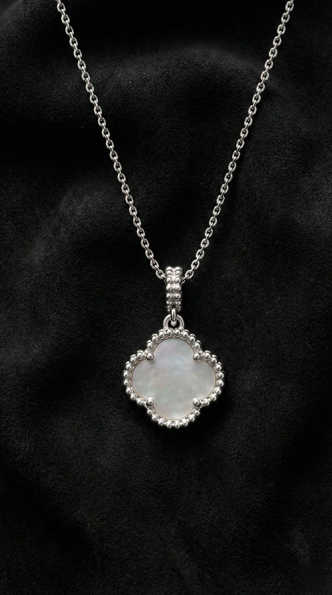 Rhodium White Mother of Pearl Clover Necklace in 925 sterling silver
