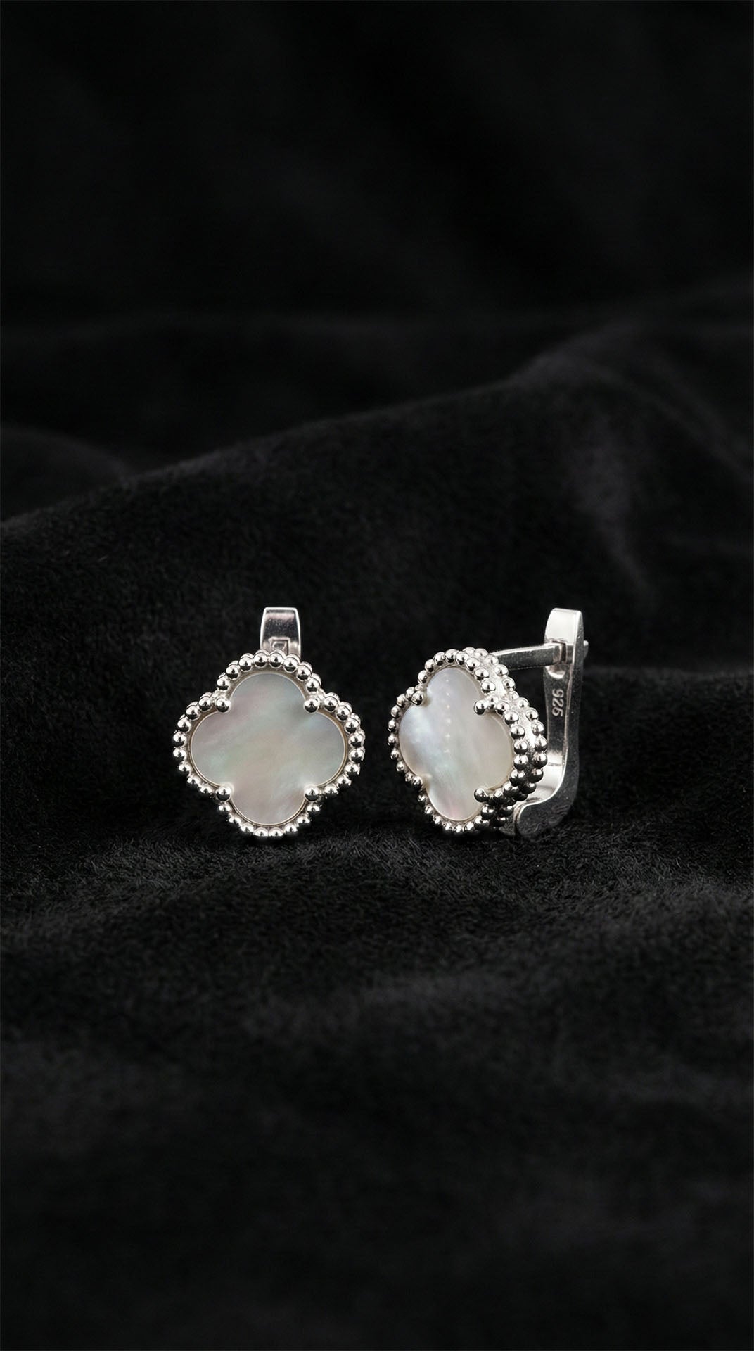 White Mother of Pearl Clover Leverback Earrings in 925 sterling silver