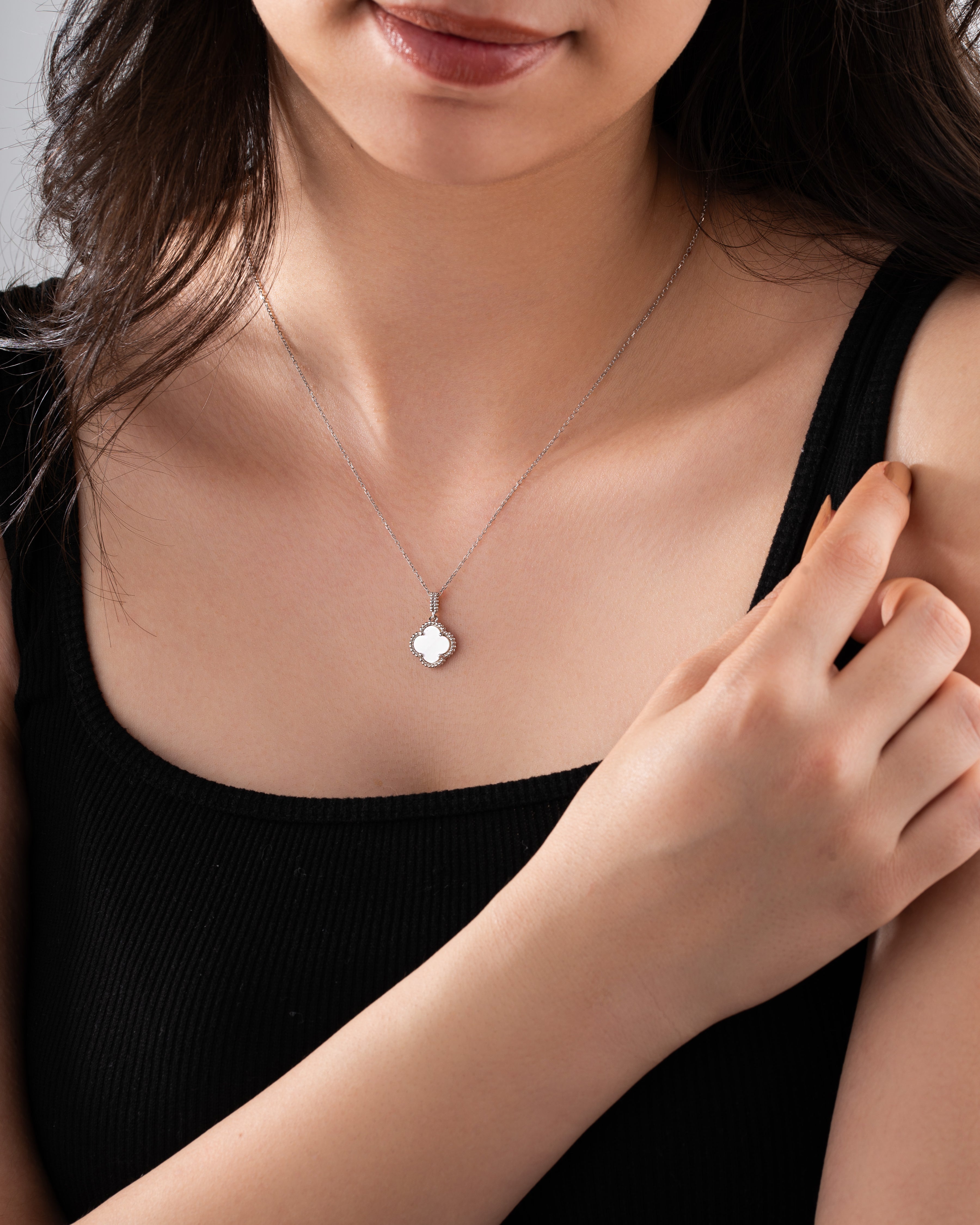 White Mother of Pearl Clover Necklace Rhodium Plated Silver