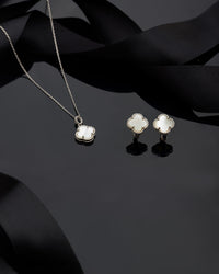 White Mother of Pearl Clover Set Rhodium Plated Silver