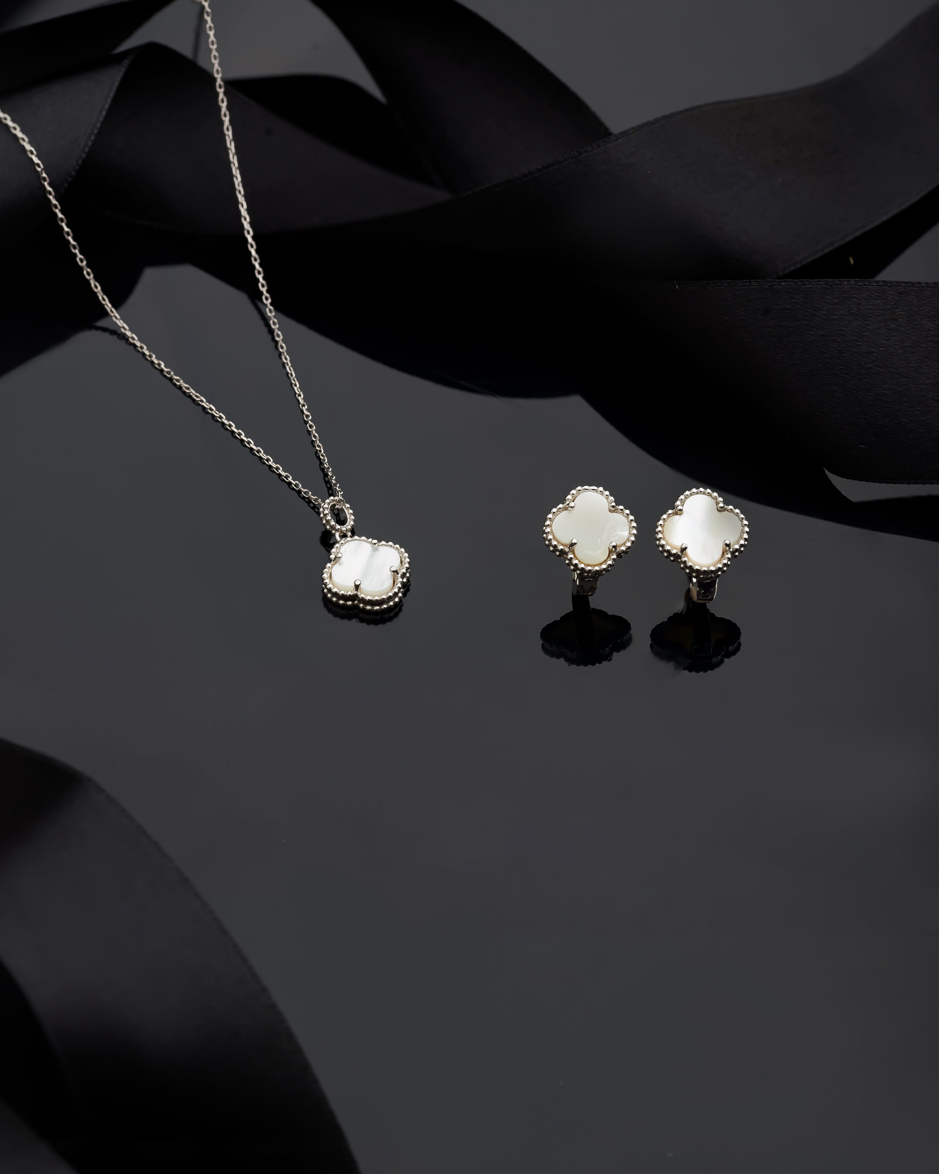 White Mother of Pearl Clover Set Rhodium Plated Silver