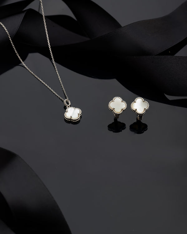 White Mother of Pearl Clover Set Rhodium Plated Silver