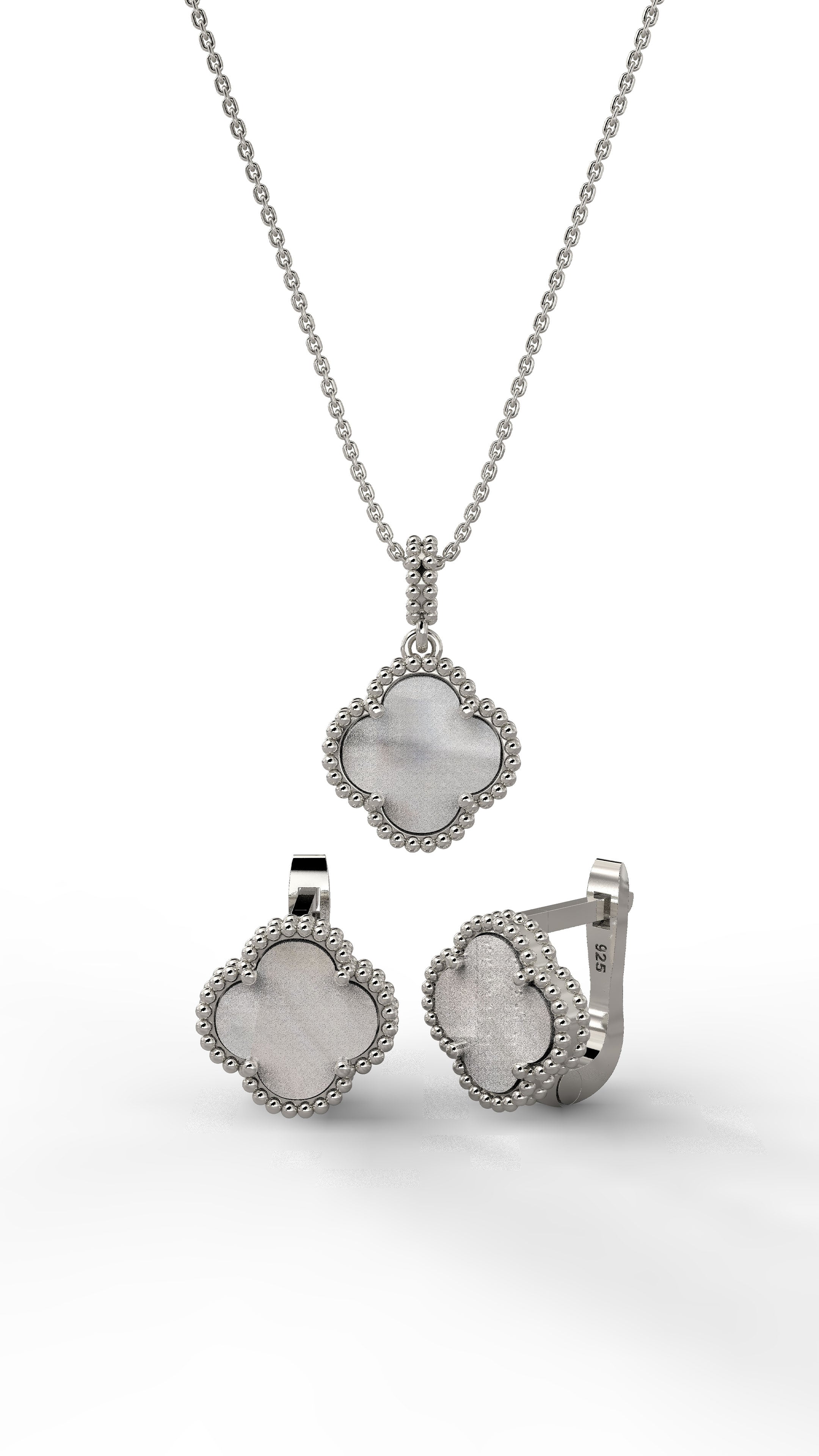 White Mother of Pearl Clover Set Rhodium Plated Silver