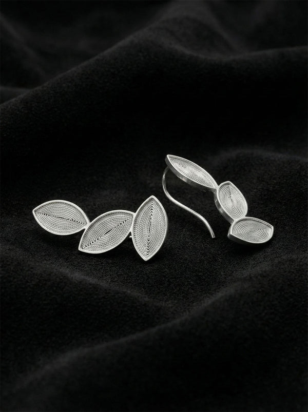 925 Sterling Silver Handmade Filigree Leaf Motif Horizontal Ivy Earrings