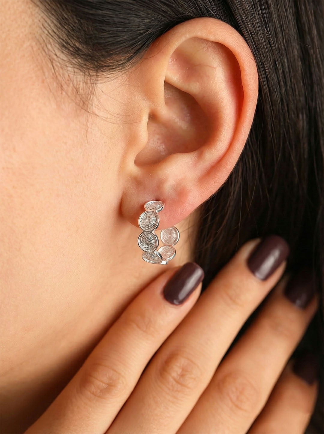 Handmade Filigree Round Patterned Hoop Stud Earrings Silver