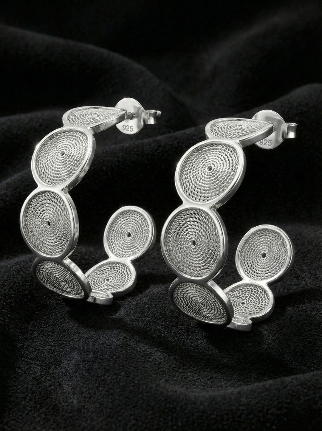 Handmade Filigree Round Patterned Hoop Stud Earrings Silver