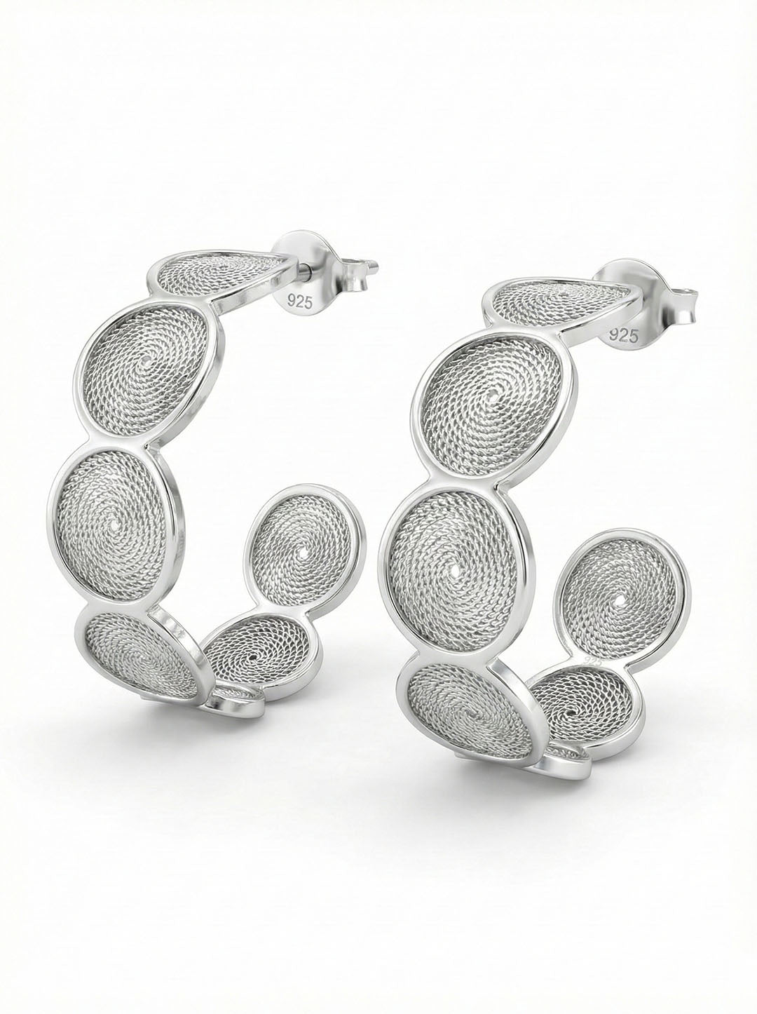 Handmade Filigree Round Patterned Hoop Stud Earrings Silver
