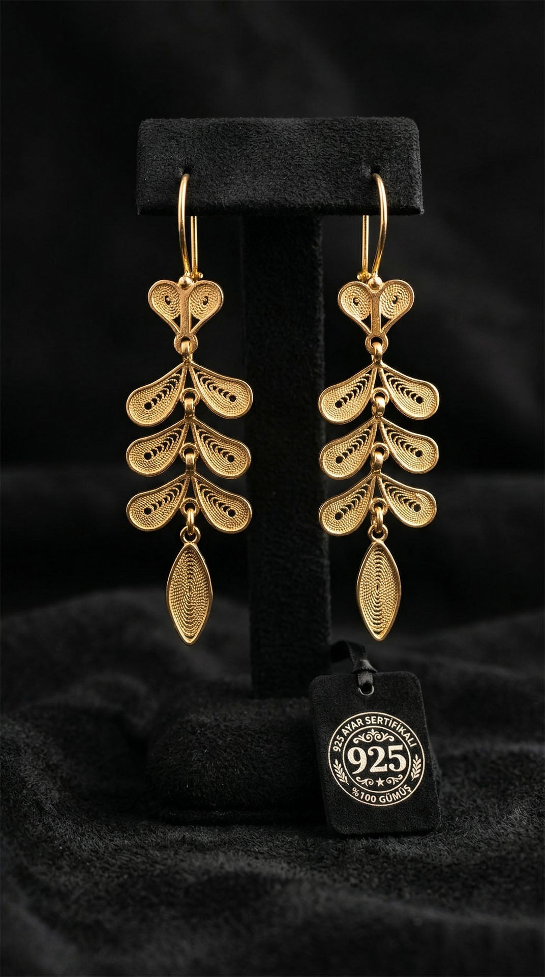 Gold Filigree Wheat Ear Herringbone Drops in 925 sterling silver