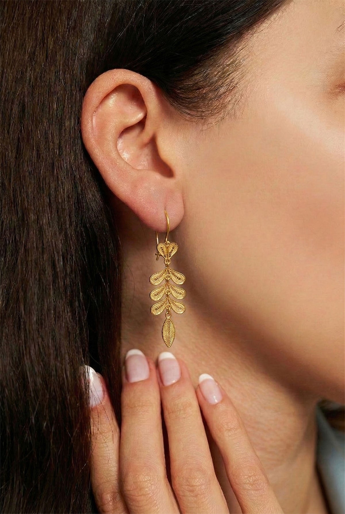 Gold Filigree Wheat Ear Herringbone Drops in 925 sterling silver - view 2