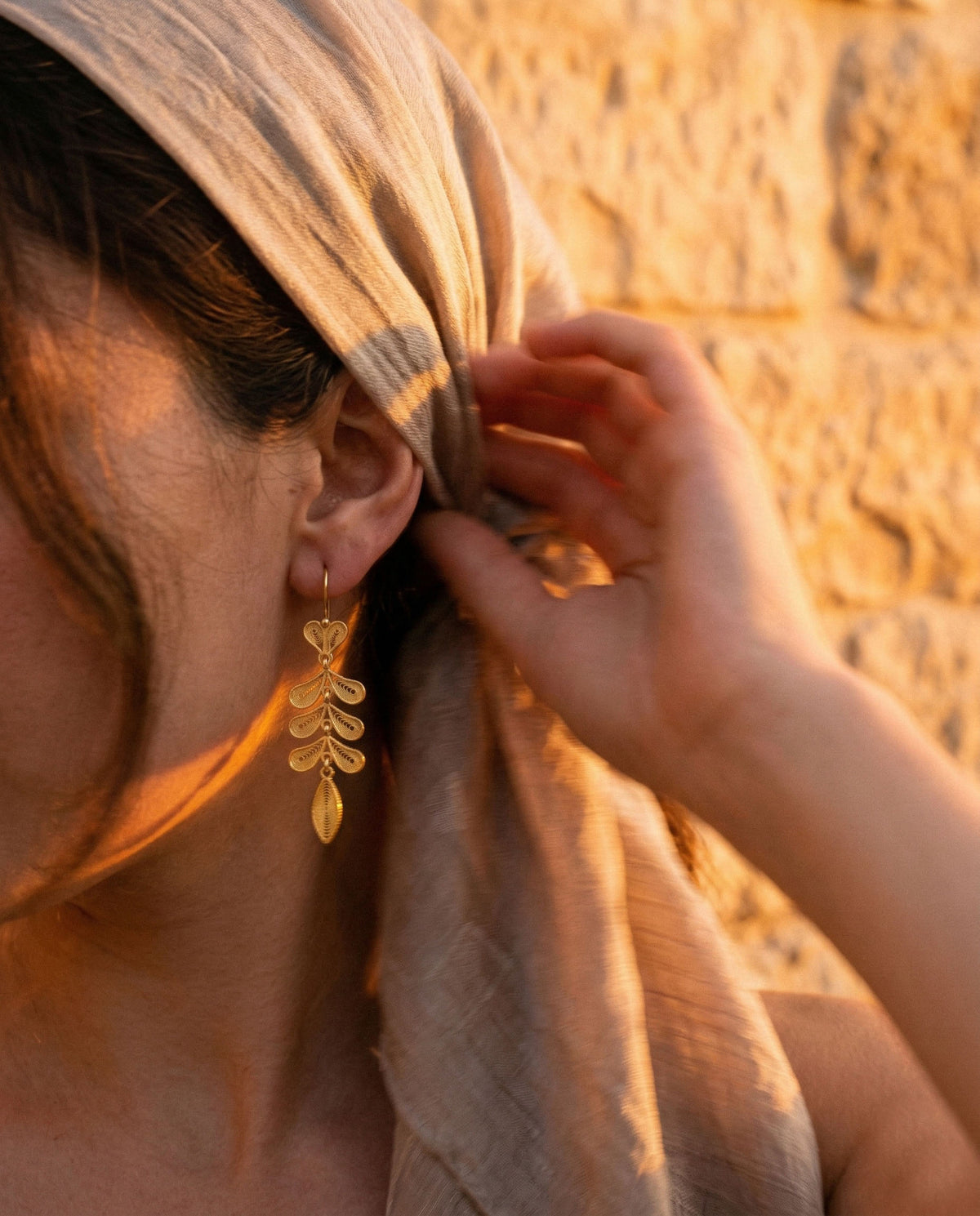 Gold Filigree Wheat Ear Herringbone Drops in 925 sterling silver - view 3