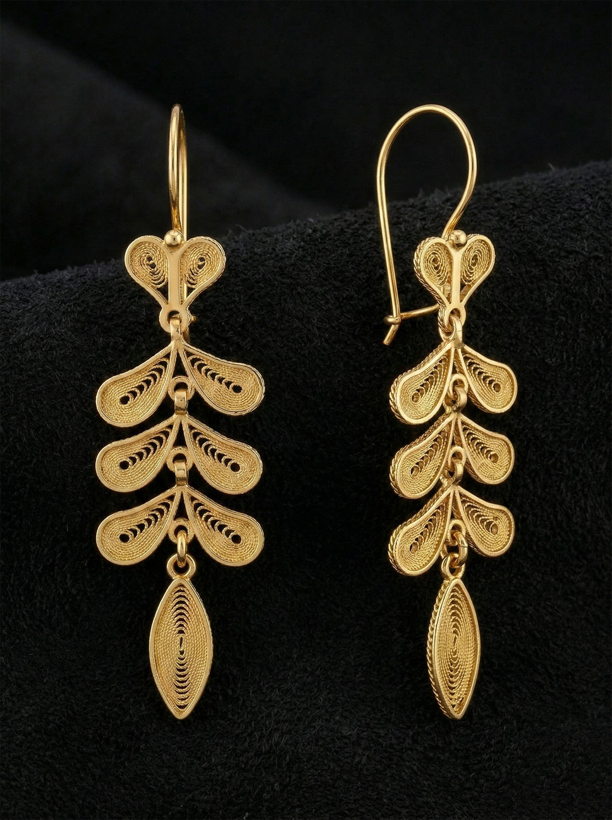 Gold Filigree Wheat Ear Herringbone Drops in 925 sterling silver - view 4
