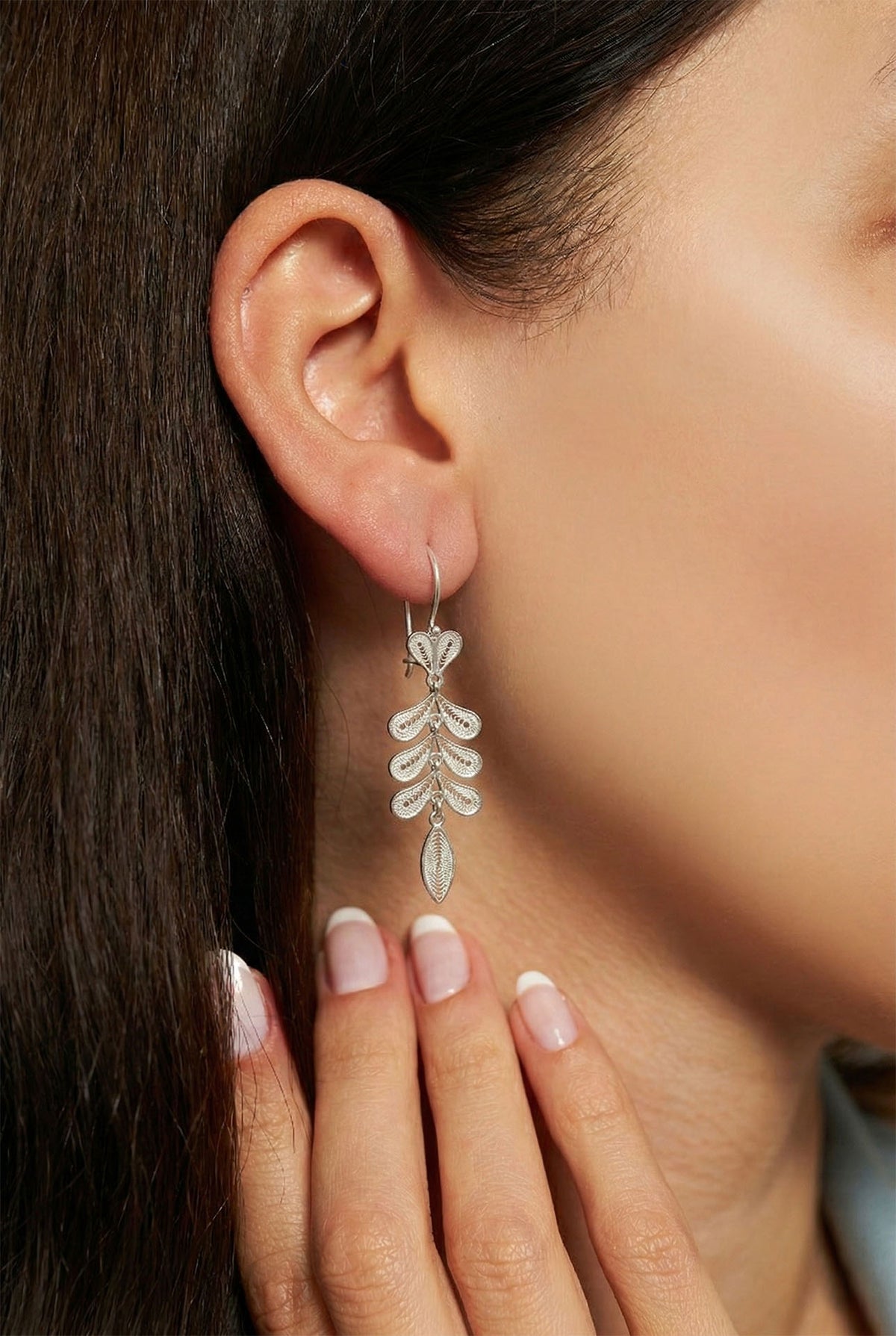 Filigree Wheat Ear Herringbone Drop Earrings in 925 sterling silver - view 2