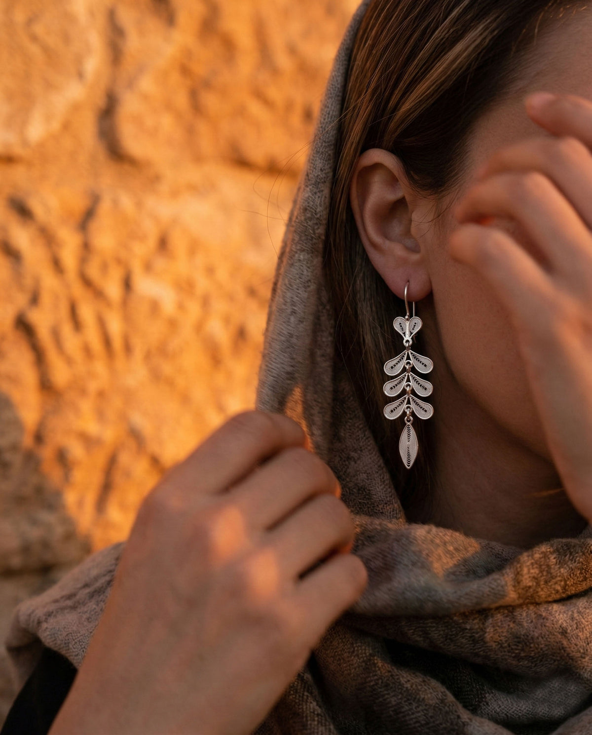 Filigree Wheat Ear Herringbone Drop Earrings in 925 sterling silver - view 3