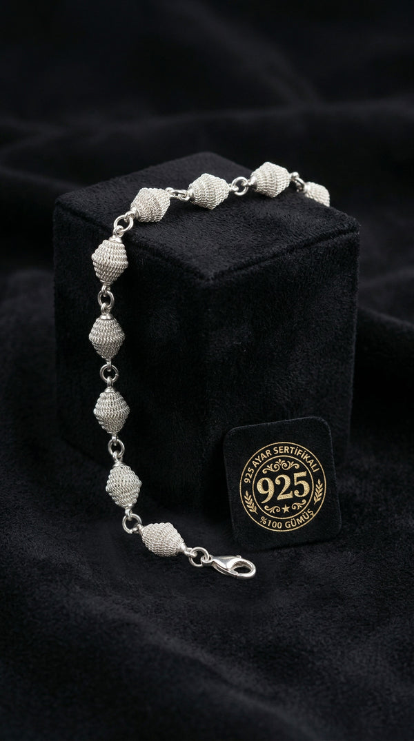 925 Ayar Geleneksel Kafes Telkari El İşi Top Zincir Gümüş Bileklik (14x7mm)