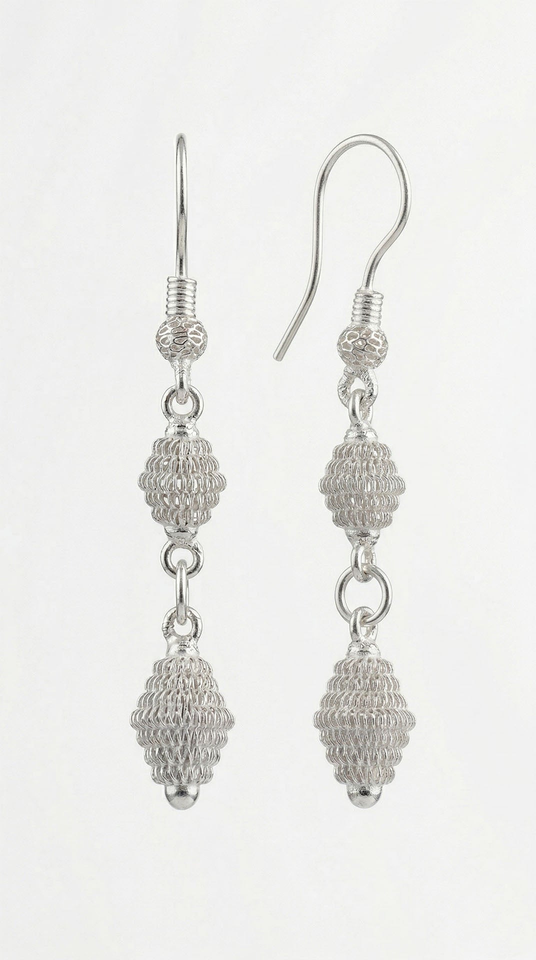 Traditional Cage Filigree Handmade Ball Chain Duo Dangle Earrings Silver – Large