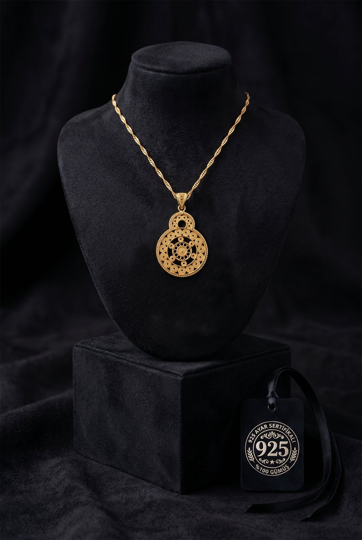 Gold Filigree Mesopotamian Sun Pendant Necklace in 925 sterling silver