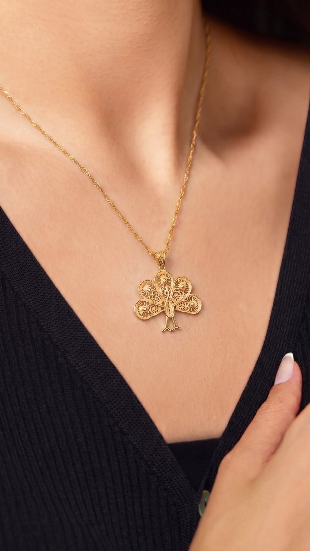 925 Sterling Silver Gold Plated Handmade Peacock Filigree Necklace - view 2