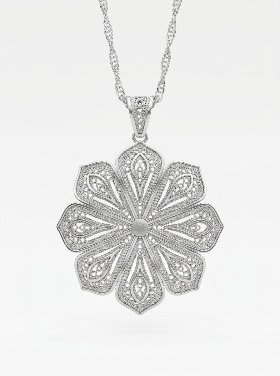 925 Sterling Silver Filigree Anemone Medallion Necklace - view 4