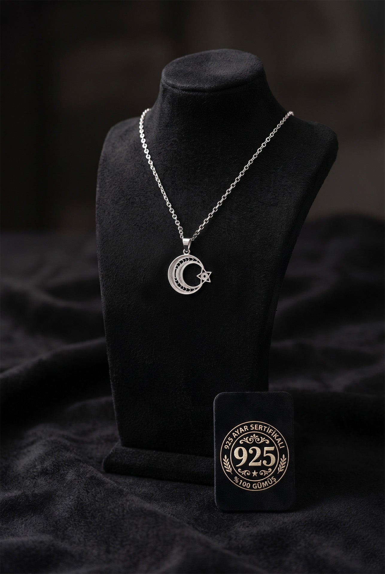 925 Sterling Silver Traditional Filigree Handcrafted Crescent & Star Pendant Necklace (17x19mm)