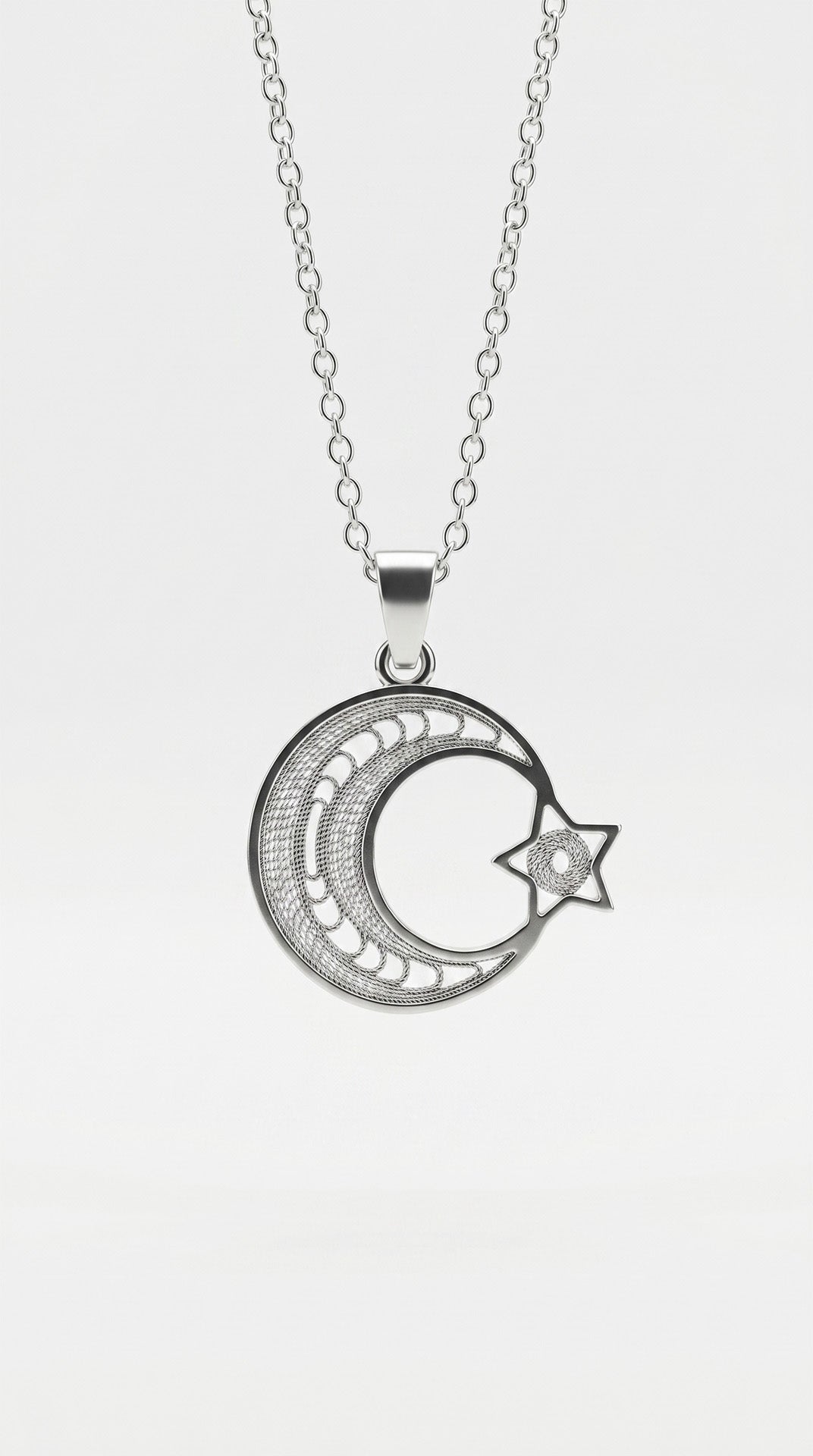 925 Sterling Silver Traditional Filigree Handcrafted Crescent & Star Pendant Necklace (17x19mm)