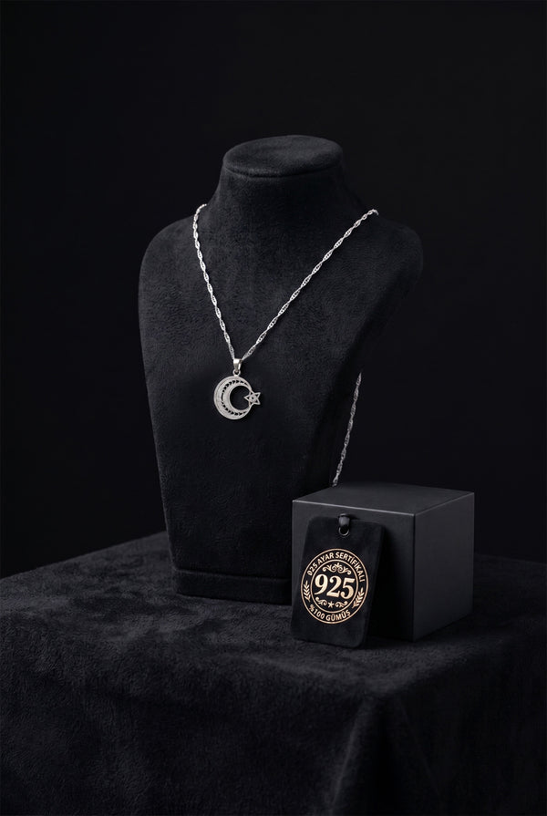 925 Sterling Silver Traditional Filigree Handcrafted Crescent & Star Pendant Necklace (22x25mm)