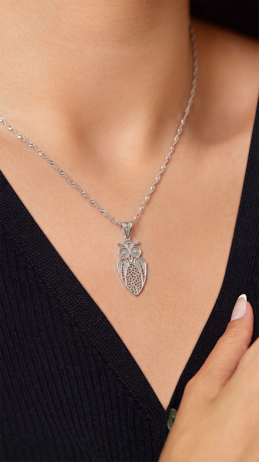 925 Sterling Silver Handcrafted Filigree Owl Necklace - view 2