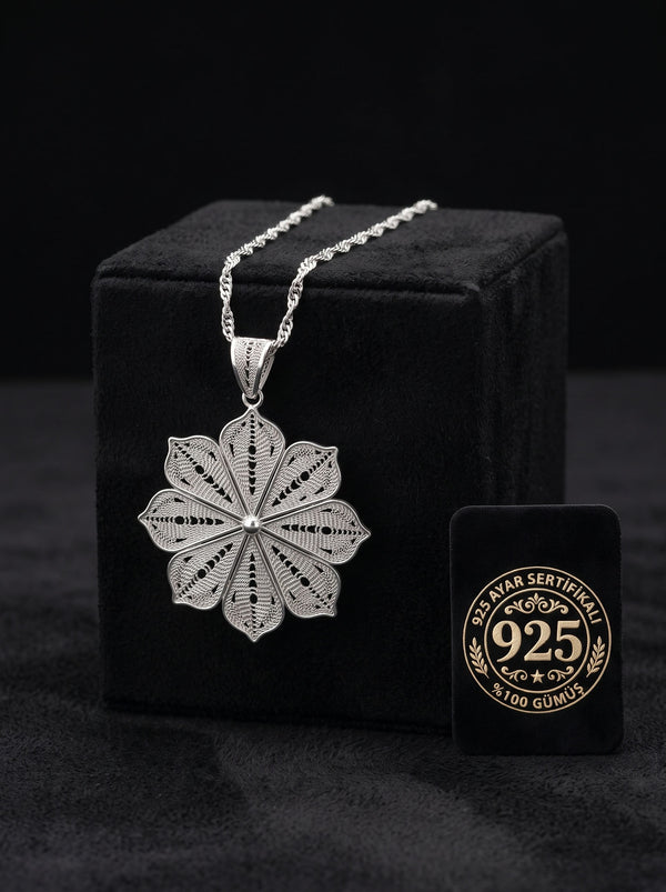 925 Sterling Silver Filigree Flower Medallion Necklace