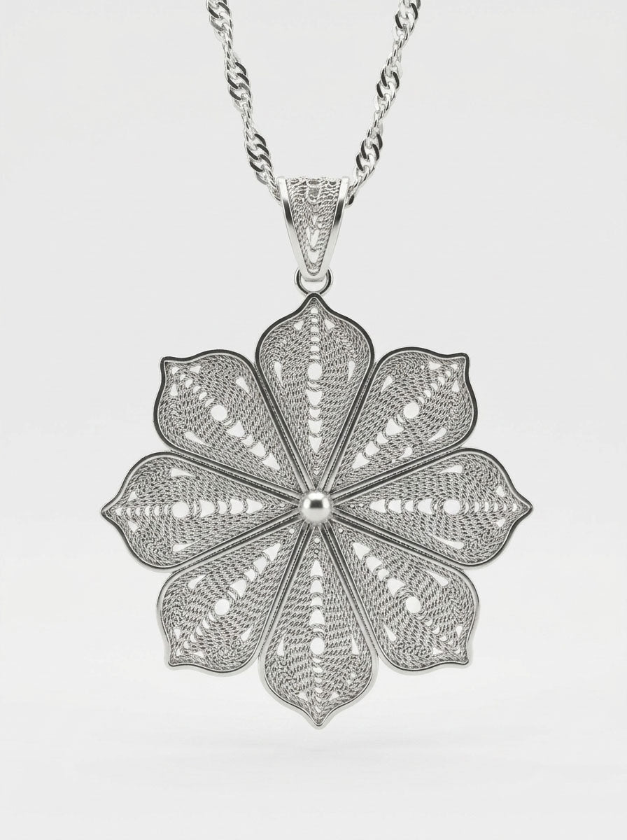 925 Sterling Silver Filigree Flower Medallion Necklace