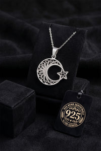 925 Sterling Silver Traditional Filigree Handcrafted Crescent & Star Pendant Necklace