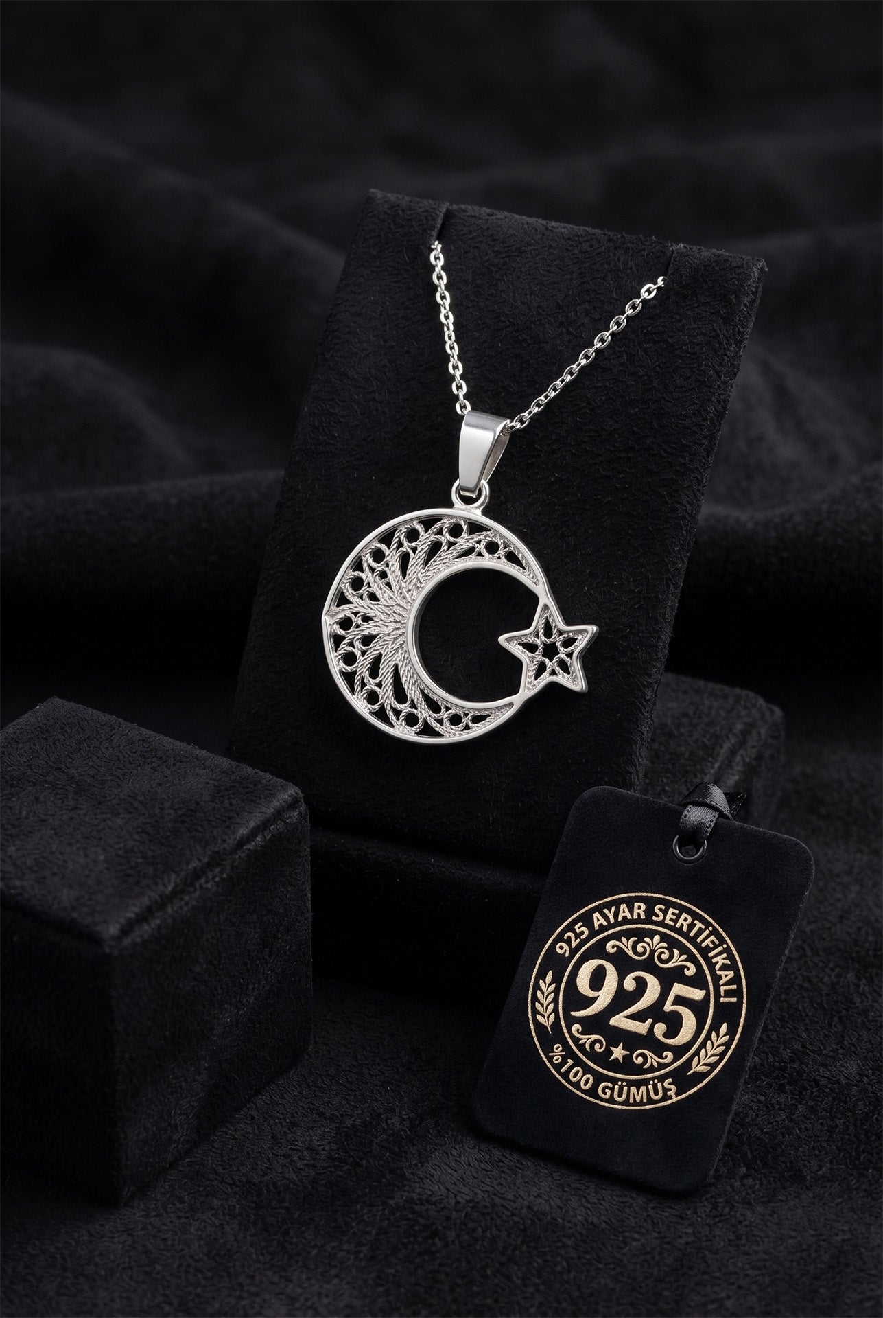 925 Sterling Silver Traditional Filigree Handcrafted Crescent & Star Pendant Necklace