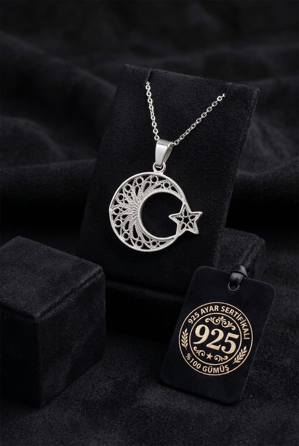 925 Sterling Silver Traditional Filigree Handcrafted Crescent & Star Pendant Necklace