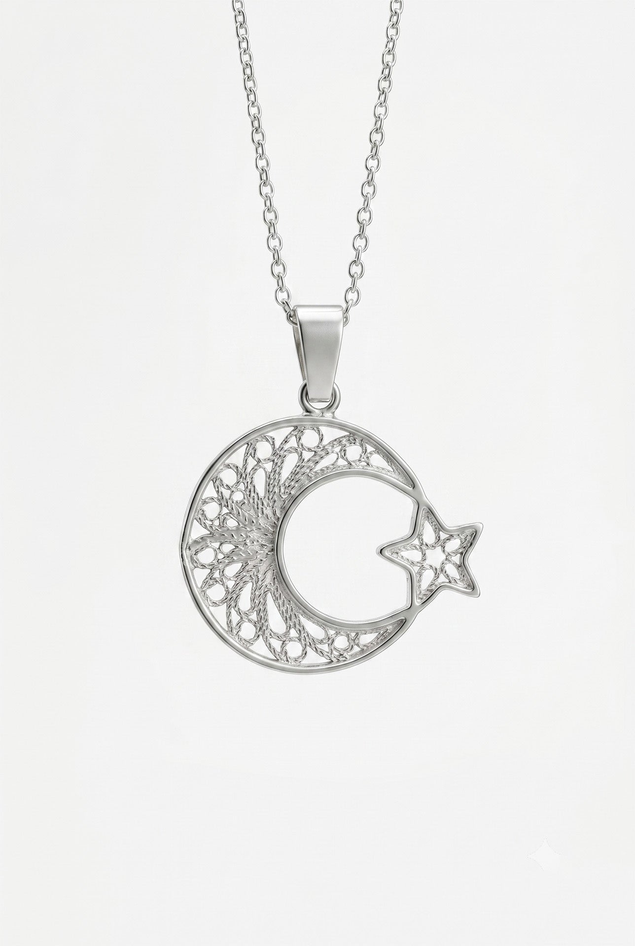 925 Sterling Silver Traditional Filigree Handcrafted Crescent & Star Pendant Necklace