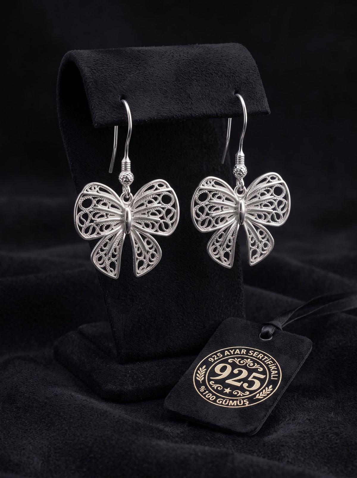 Handgefertigte traditionelle Filigran-Schleifen-Hängeohrringe aus 925er Sterlingsilber (24x22mm)