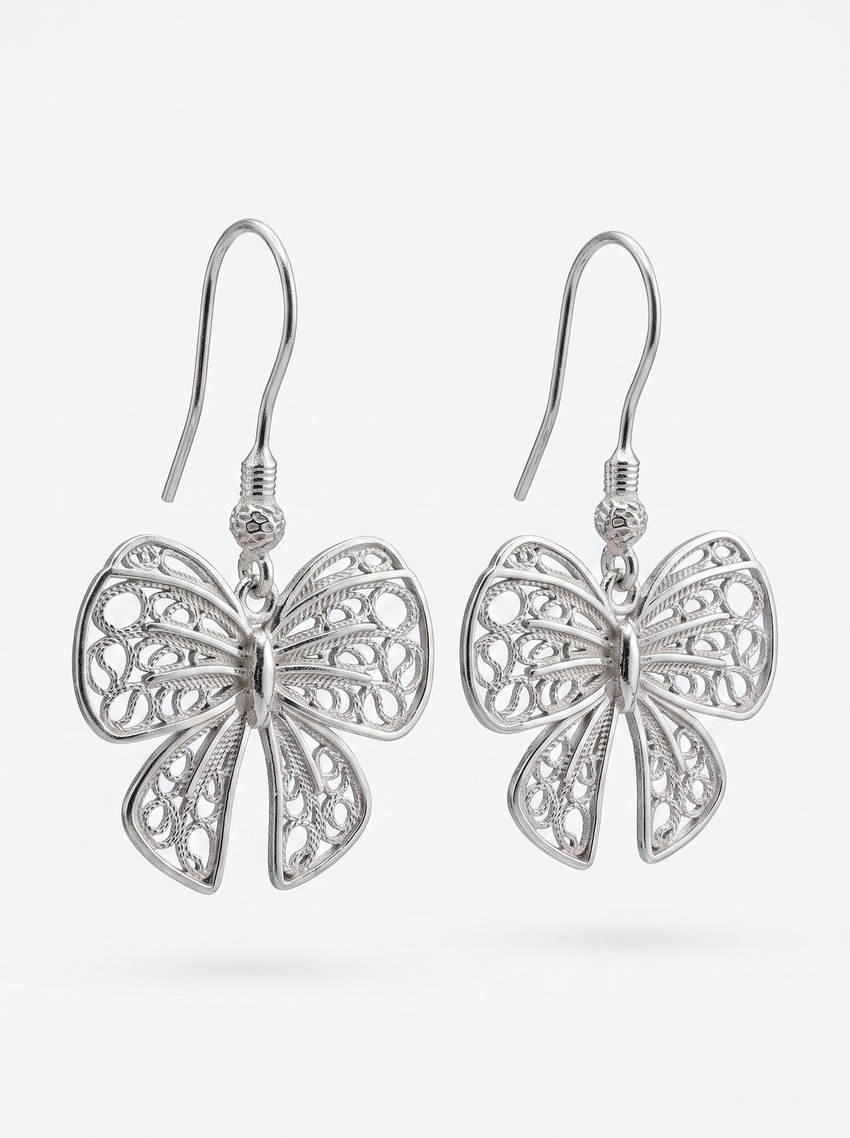 925 Sterling Silver Handcrafted Traditional Filigree Bow Ribbon Dangle Hook Earrings (24x22mm) - view 3