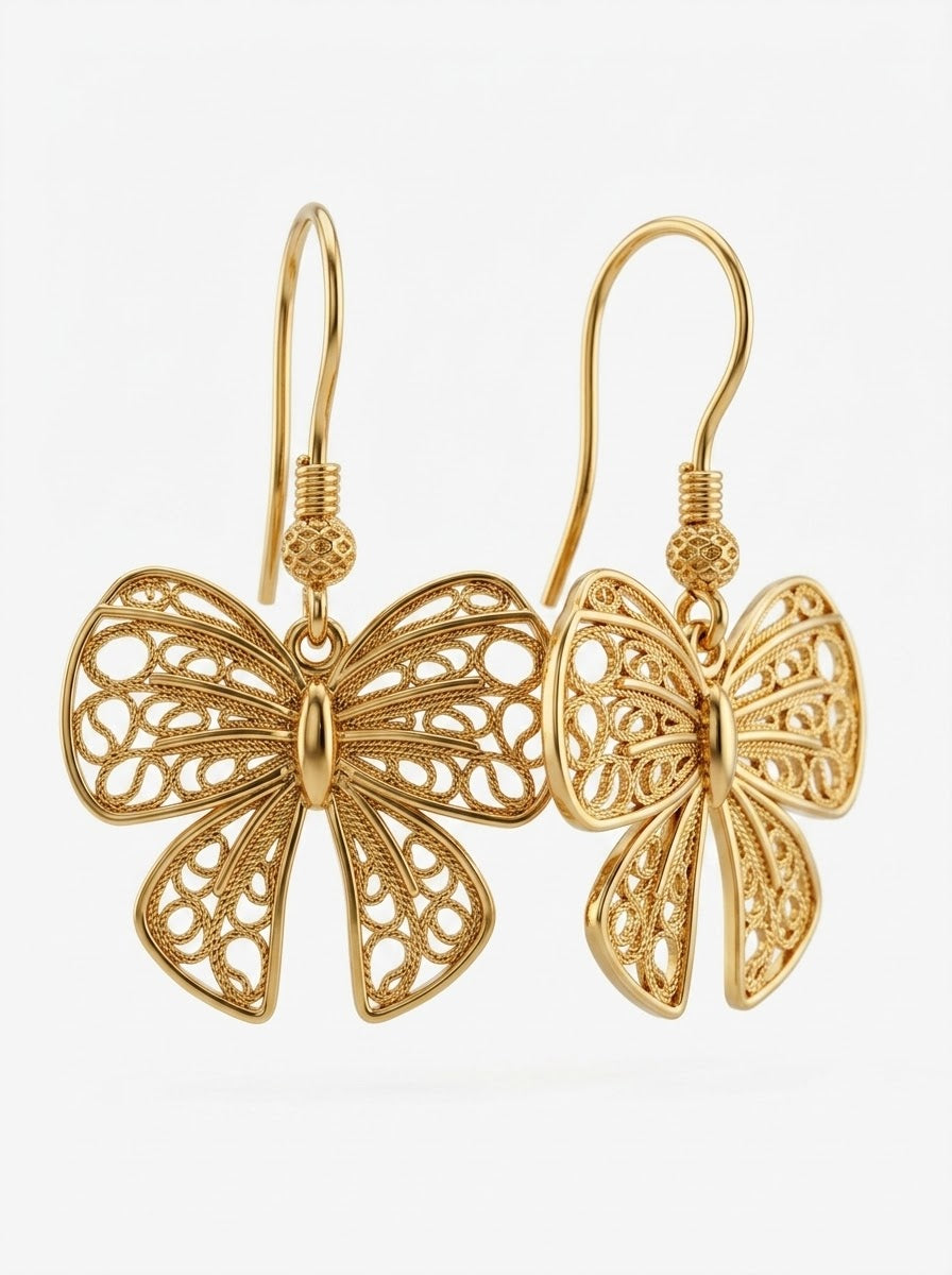 925 Sterling Silver Handcrafted Traditional Filigree Gold Bow Ribbon Dangle Hook Earrings