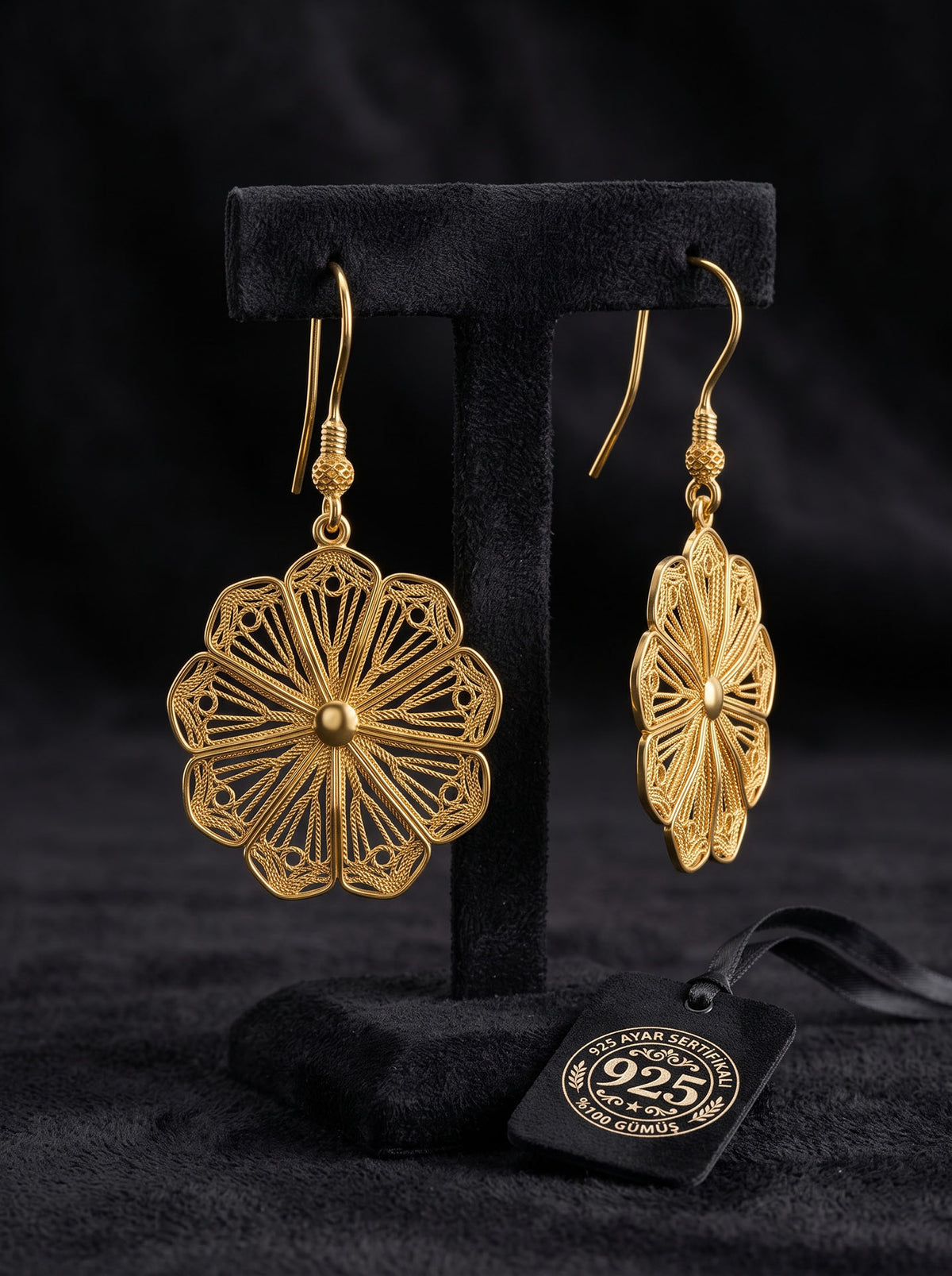 Handgefertigte traditionelle Filigran-Ohrhänger mit Gänseblümchen-Motiv aus 925er Sterlingsilber mit Goldauflage