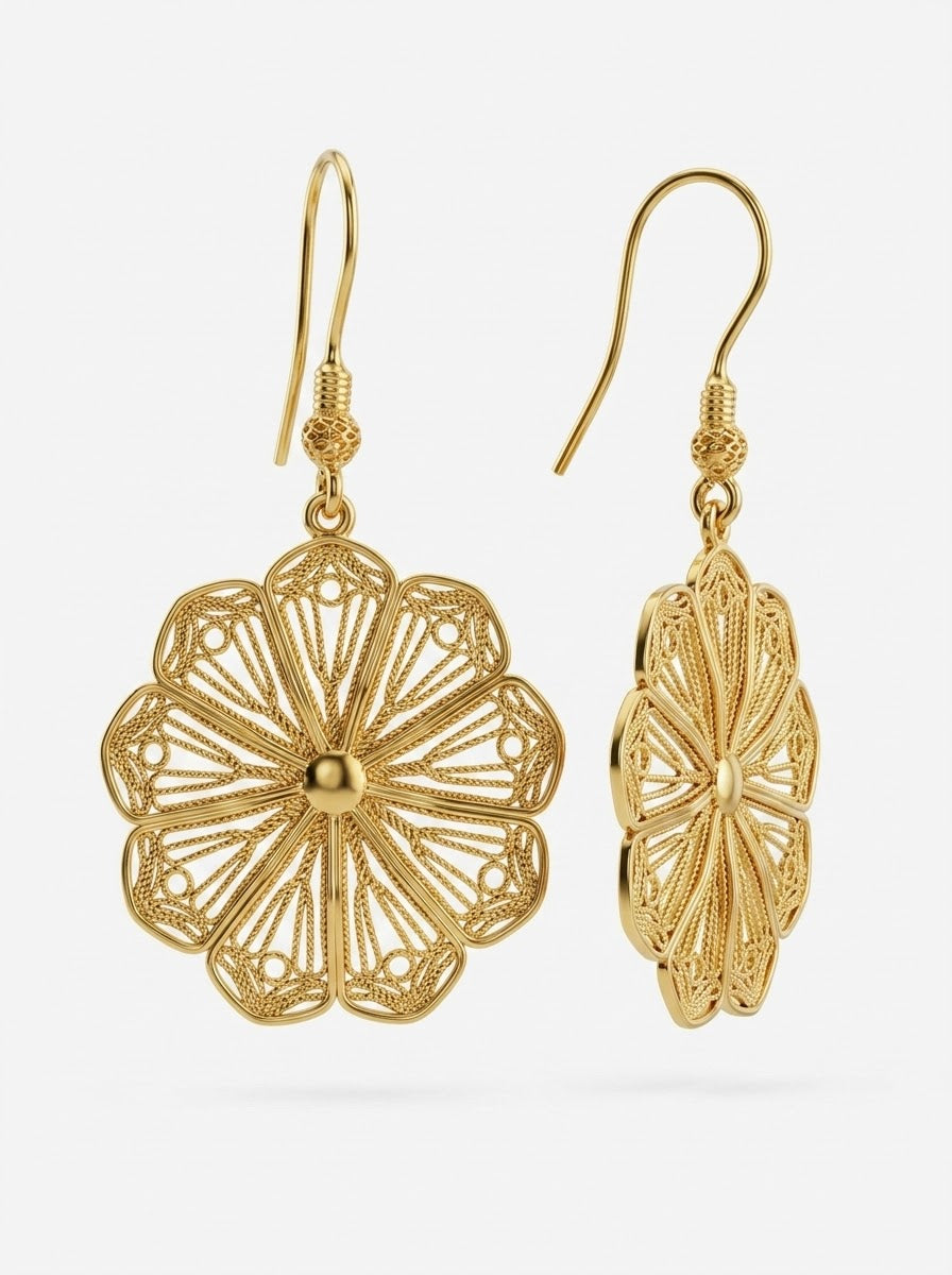 925 Sterling Silver Handcrafted Traditional Filigree Gold Daisy Flower Dangle Hook Earrings - view 3
