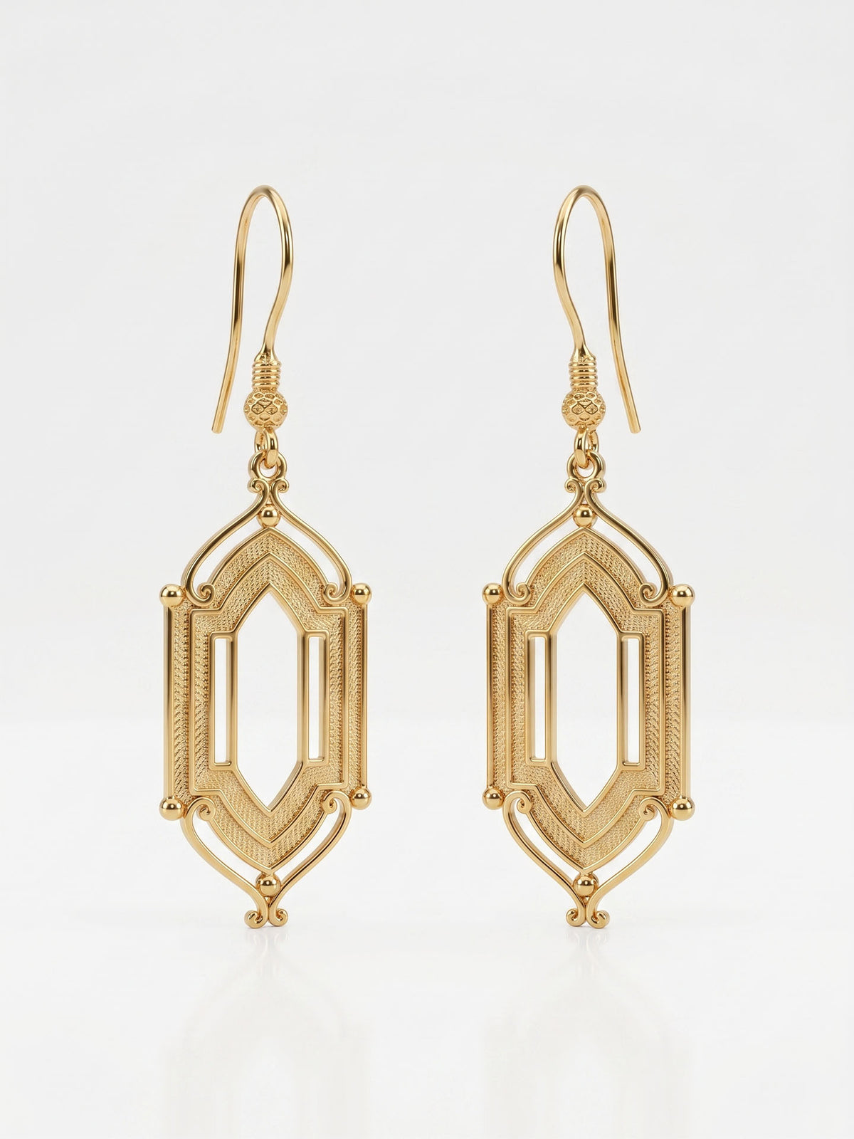 925 Sterling Silver Handcrafted Traditional Filigree Gold Window Motif Dangle Hook Earrings