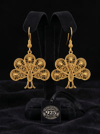 925 Sterling Silver Handcrafted Traditional Filigree Gold Peacock Motif Dangle Hook Earrings