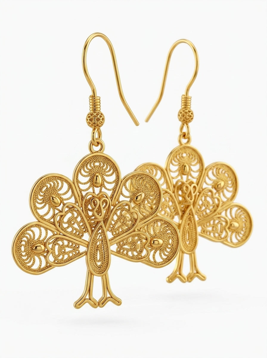 925 Sterling Silver Handcrafted Traditional Filigree Gold Peacock Motif Dangle Hook Earrings - view 3